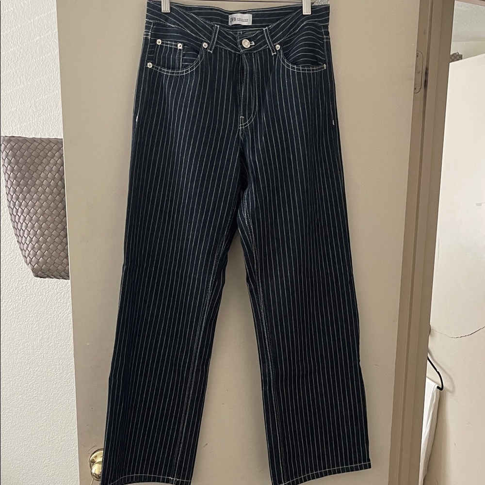 Zara Navy Pinstripe Wide-Leg Jeans